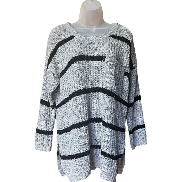 Double Zero Grey/Black Striped Open Knit Oversized Sweater Sz S w/Pocket - Picture 1 of 9